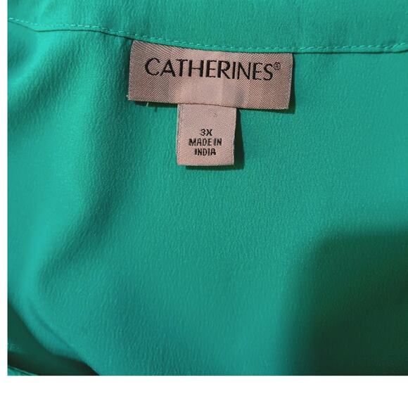 CATHERINES Turquoise Green Blouse Top Plus 3X Flowy Asymmetric Hem V-Neck Career - Picture 4 of 9